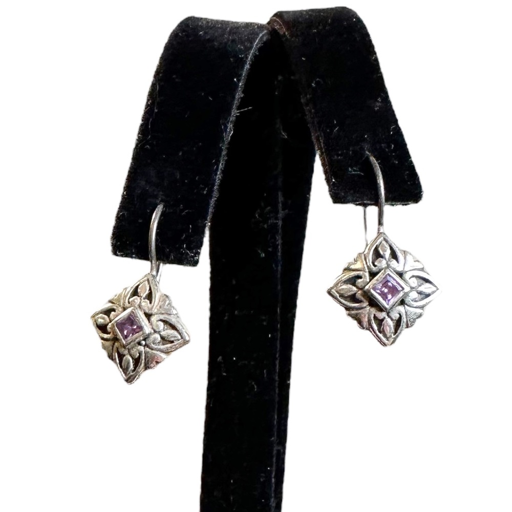 Vintage Sterling Silver Purple Amethyst Inset Engraved Drop Earrings